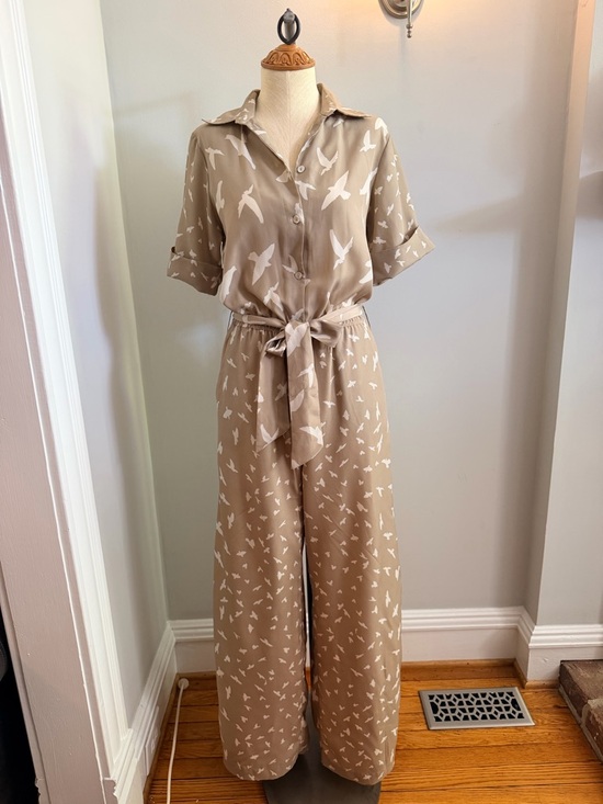 Corey Lynn Calter Pants - Corey Lynn Calter for Anthropologie Beige Bird-Print Tie-Waist Jumpsuit